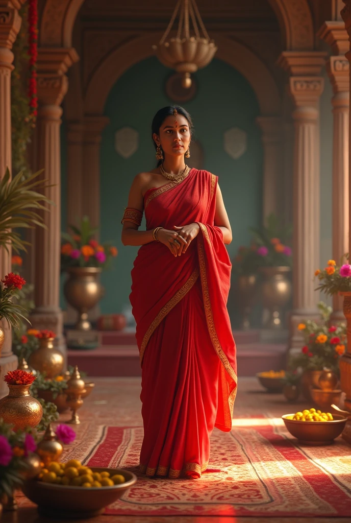 A mother wearing red saree,  in pooja room, midriff visible