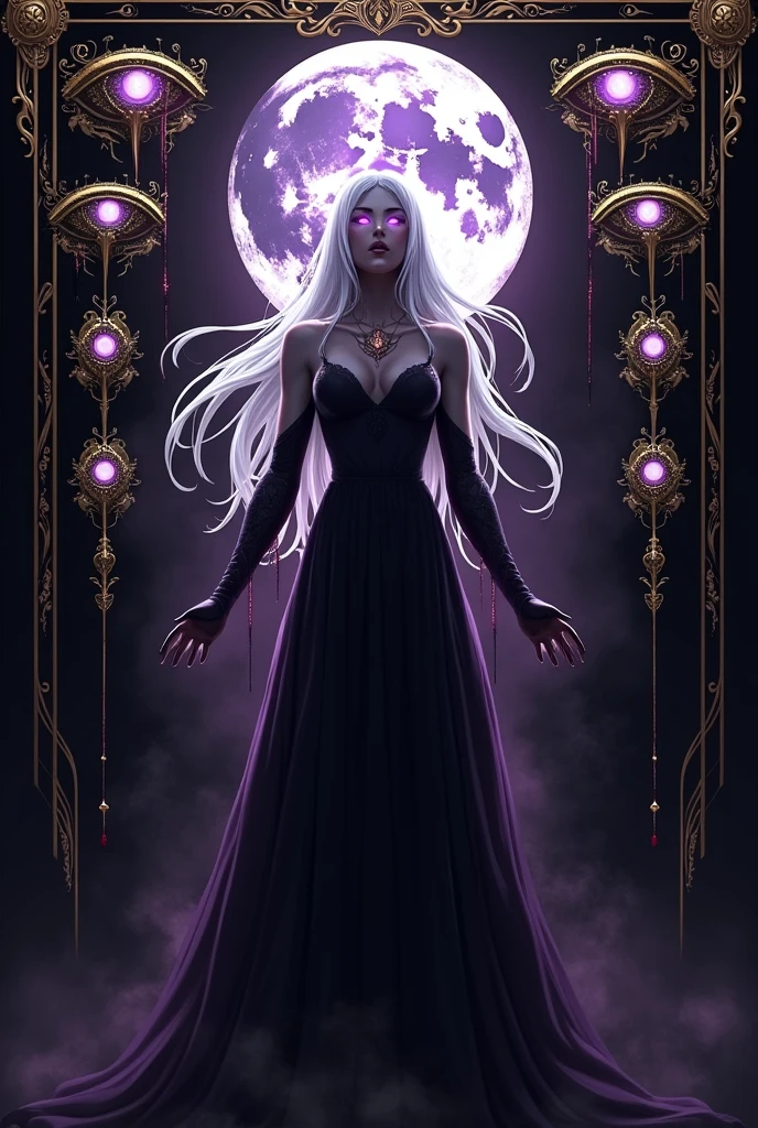 Description of the Flag of the Vampire Empire:fund: The flag has a deep black background, symbolizing the eternal night and the mystery of the vampire world.Central Figure (Lilith): In the center of the flag, there is the stylized silhouette of Lilith, the vampire goddess. Lilith is depicted with long, snow-white hair., that float around your figure, giving a sense of movement. His eyes are luminescent purple, with a slight glow around, highlighting his divine nature and his incomparable power.fullmoon: A full moon, partially hidden behind Lilith, emits a silvery light that illuminates your silhouette. The moon is a symbol of the power of the night and the influence of vampires..Eyes of the Primordials: Six deep purple eyes, arranged in a circle or hexagon around Lilith, represent the six primordial vampires created by her. Those eyes have an intense glow, symbolizing these vampires' direct connection to Lilith and their superior status.Symbols of the Vampire Classes: From each primordial eye, gold lines connecting to smaller emblems or symbols around the edges of the flag. These emblems represent the vampire classes: Godlike (gold eyes), sublime (sky blue eyes), holy (silver eyes), spotless (Intense red eyes), common (dark red eyes) and Impure (faded red eyes). These symbols reinforce the hierarchy within the empire., showing how all classes are derived from the Primordials and, Ultimately,, de Lilith.blood drops: Small drops of deep red blood fall from the tip of the moon or from Lilith's hands, symbolizing blood as the source of vampires' power and sustenance.edges: The edges of the flag are adorned with intricate gold lines., that add a touch of luxury and wealth, symbolizing the royalty and power of the empire.