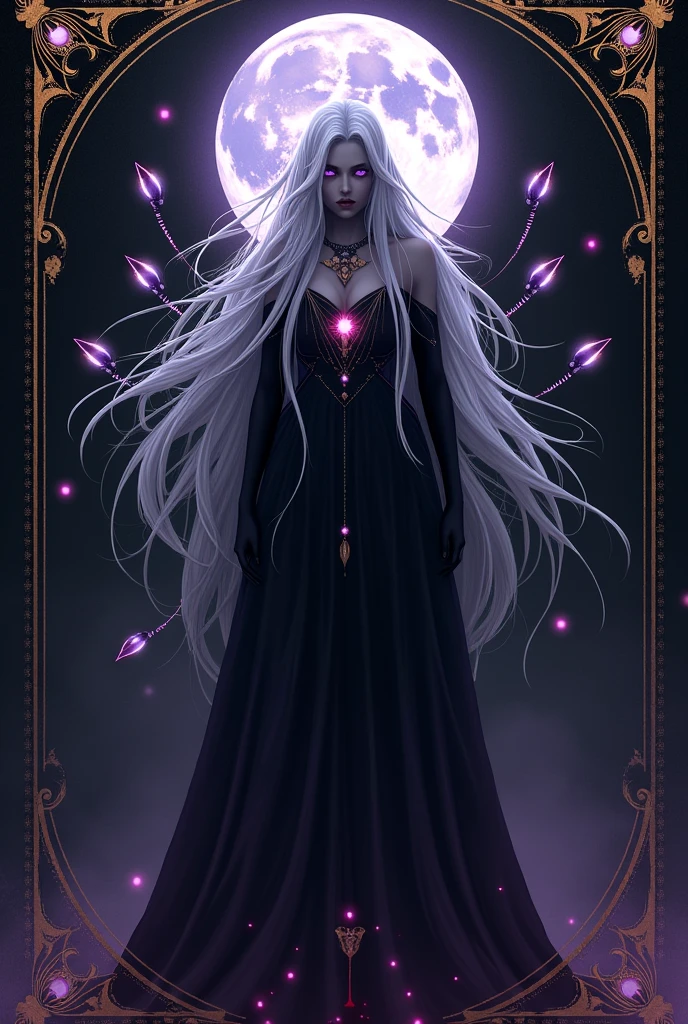 Description of the Flag of the Vampire Empire:fund: The flag has a deep black background, symbolizing the eternal night and the mystery of the vampire world.Central Figure (Lilith): In the center of the flag, there is the stylized silhouette of Lilith, the vampire goddess. Lilith is depicted with long, snow-white hair., that float around your figure, giving a sense of movement. His eyes are luminescent purple, with a slight glow around, highlighting his divine nature and his incomparable power.fullmoon: A full moon, partially hidden behind Lilith, emits a silvery light that illuminates your silhouette. The moon is a symbol of the power of the night and the influence of vampires..Eyes of the Primordials: Six deep purple eyes, arranged in a circle or hexagon around Lilith, represent the six primordial vampires created by her. Those eyes have an intense glow, symbolizing these vampires&#39; direct connection to Lilith and their superior status.Symbols of the Vampire Classes: From each primordial eye, gold lines connecting to smaller emblems or symbols around the edges of the flag. These emblems represent the vampire classes: Godlike (gold eyes), sublime (sky blue eyes), holy (silver eyes), spotless (Intense red eyes), common (dark red eyes) and Impure (faded red eyes). These symbols reinforce the hierarchy within the empire., showing how all classes are derived from the Primordials and, Ultimately,, de Lilith.blood drops: Small drops of deep red blood fall from the tip of the moon or from Lilith&#39;s hands, symbolizing blood as the source of vampires&#39; power and sustenance.edges: The edges of the flag are adorned with intricate gold lines., that add a touch of luxury and wealth, symbolizing the royalty and power of the empire.