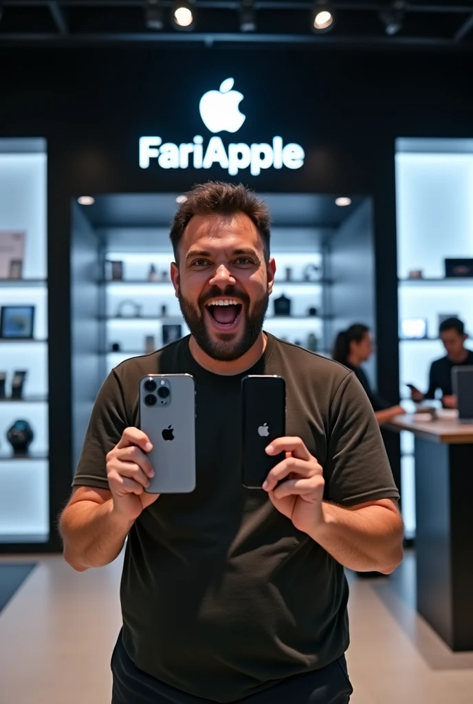 Give me a man shocked and happy to buy one iPhone 15 pro for ₹90,000 from fariapple show fariapple on iphone screen show fariapple brand name on screen 