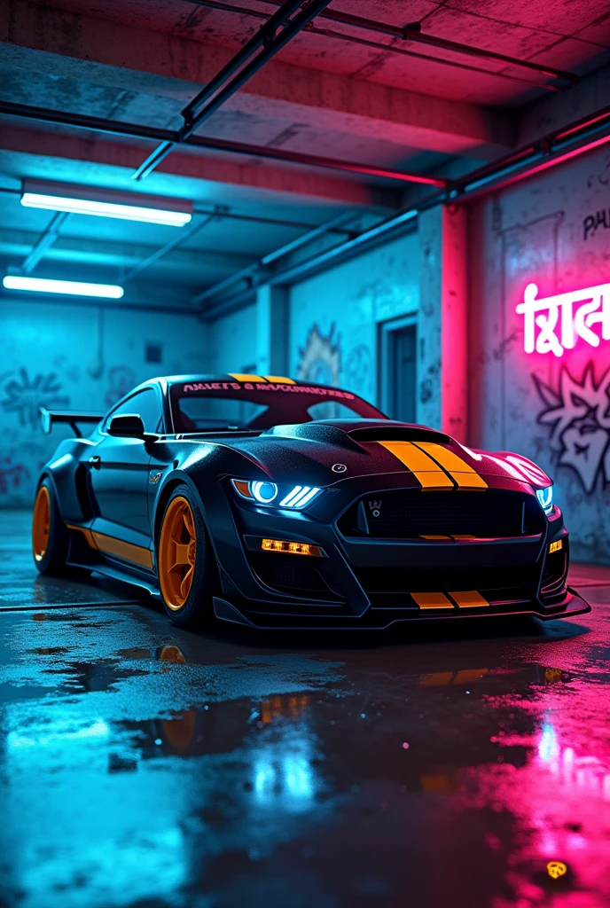 can u crate a ford mustang with bodykit in a garage with neon blue and pink and the garage is all wet with graffiti design and yellow wheels
