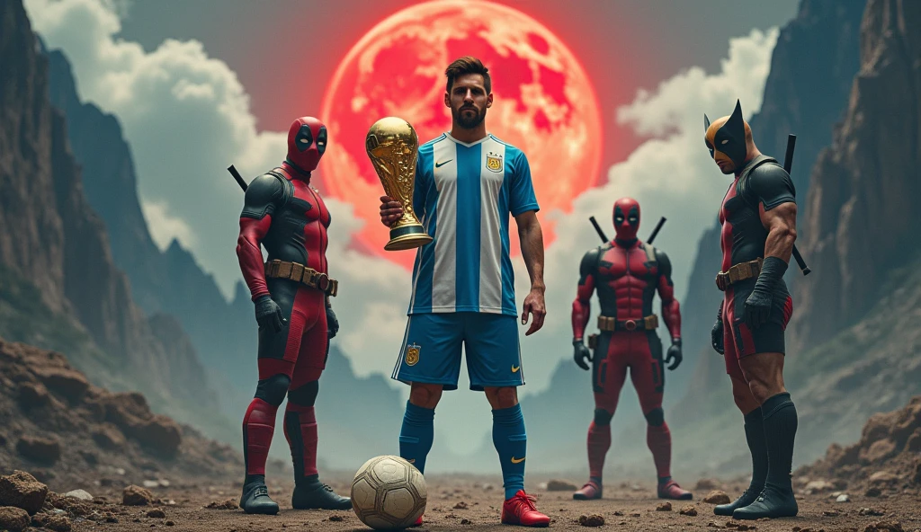 Generate an image showing Lionel Messi wearing the Argentina shirt next to the red Deadpool and the yellow Wolverine, The landscape must include an apocalypse or the end of the world and mountains in the background., under a blue sky with some fluffy clouds and a red moon . Messi must have the ball on his left foot and also have the World Cup in his right hand.. While Deadpool is making funny poses as he knows how to do and Wolverine is next to Messi but not so close, about 50cm away 