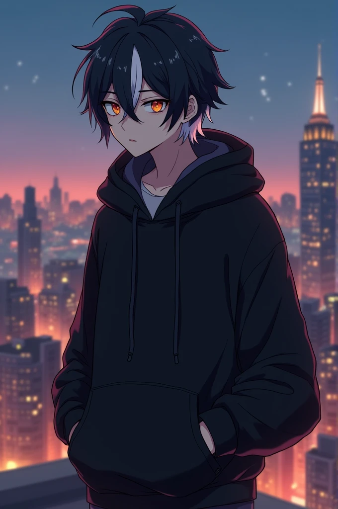 A aesthetic Cool anime adult boy with half black and white hair his left eye is yellow color and right eye is red color Wearing black hoddie and standing on top of high building rooftop evening time