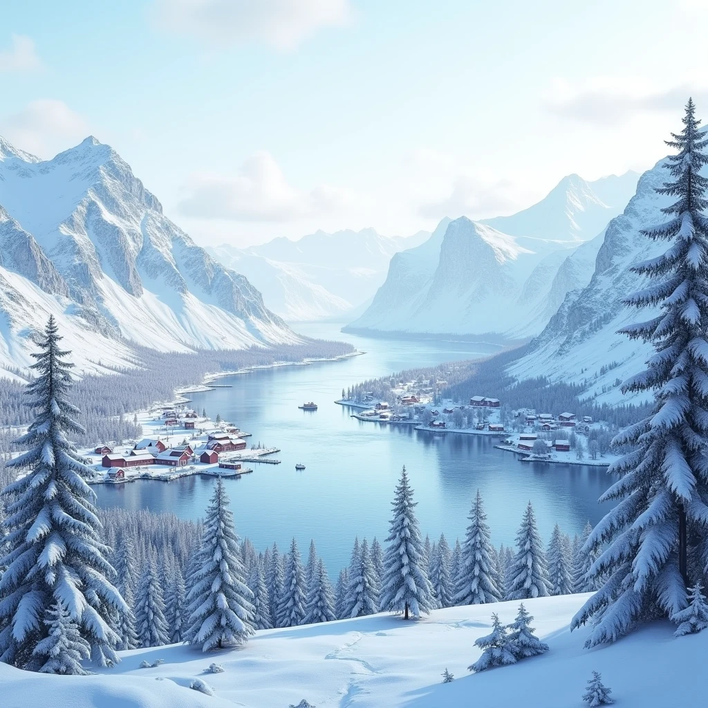 Snow Scenery, The Nordic snow scenery in Norway and Sweden has a special charm, and regions such as the Lofoten Islands are famous for their spectacular snow scenery, (best quality, masterpiece, photorealistic), very aesthetic, perfect composition, intricate details, ultra-detailed, vivid colors