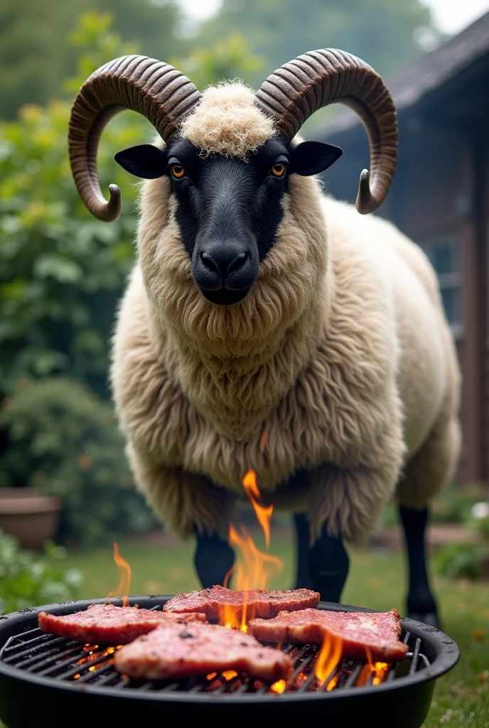 Valais Blacknose
  كبير جدا وصخم يشوي اللحم في الحديقه ‏realistic, real, high resolution detail, full photo like rea