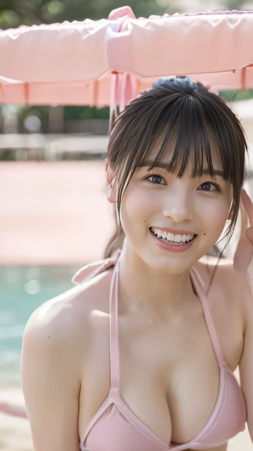 ((Highest quality、masterpiece、、Best image quality、Ultra-high resolution、Award-winning works)、(Pink Bikini:1.8)、(Accurate anatomy:1.1)、(Beach:1.2)、blue sky、(smile:1.1)、Ultra-high resolution for bright and fair skin、The most detailed face、Ultra-high resolution detailed face、Ultra-high resolutionの髪の毛、Ultra-high resolutionの煌めく瞳、Beautiful face drawn in every detail、(Blurred Background:1.1)、very bright and vivid、beautiful japanese actress face、A beach rich in nature:1.1)、Perfect and accurate onsen、((whole body:1.6))、Beautiful breasts