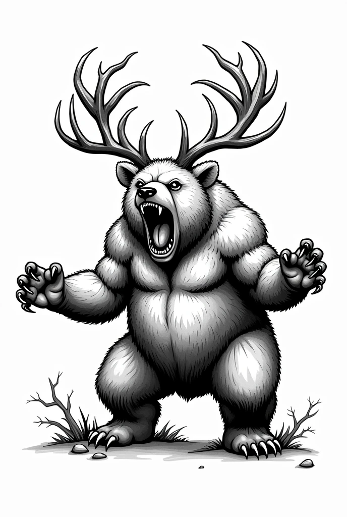 Make the art for a black and white tattoo: a natural bear with deer antlers, standing showing teeth and claws. Leaving it as natural as possible