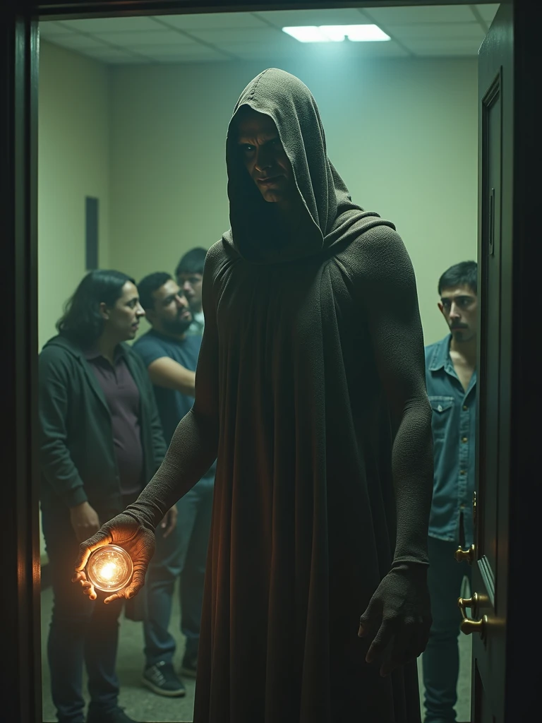 A captivating security camera image of an unexpected humanoid encounter. In the foreground, a tall, mysterious figure with an elongated head and large, dark eyes stands in a dimly lit room. The creature is wearing a tattered cloak and is holding a glowing orb in its hand. The background reveals a group of confused and frightened people huddled together, trying to understand the strange presence. The overall atmosphere of the image is one of intrigue and unease.