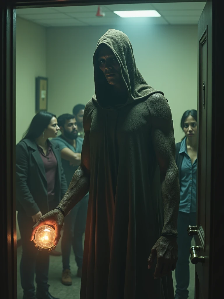A captivating security camera image of an unexpected humanoid encounter. In the foreground, a tall, mysterious figure with an elongated head and large, dark eyes stands in a dimly lit room. The creature is wearing a tattered cloak and is holding a glowing orb in its hand. The background reveals a group of confused and frightened people huddled together, trying to understand the strange presence. The overall atmosphere of the image is one of intrigue and unease.