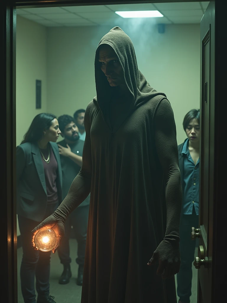 A captivating security camera image of an unexpected humanoid encounter. In the foreground, a tall, mysterious figure with an elongated head and large, dark eyes stands in a dimly lit room. The creature is wearing a tattered cloak and is holding a glowing orb in its hand. The background reveals a group of confused and frightened people huddled together, trying to understand the strange presence. The overall atmosphere of the image is one of intrigue and unease.