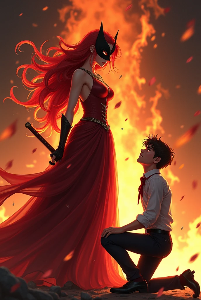 red hair in a fiery atmosphere,masked, and the princess who hides a sword behind her and looks at her with angry eyes like fire and a very, very handsome prince kneels in front of her and begs and looks into the ANGRY EYES of the princess with timid eyes , THE PRINCESS LOOKS AT THE PRINCE FROM UNDER HER MASK BUT IN AN ANGRY WAY AND THE prince's hair is short and brunette., handsome and just looks like a prince a little anime but not a princess