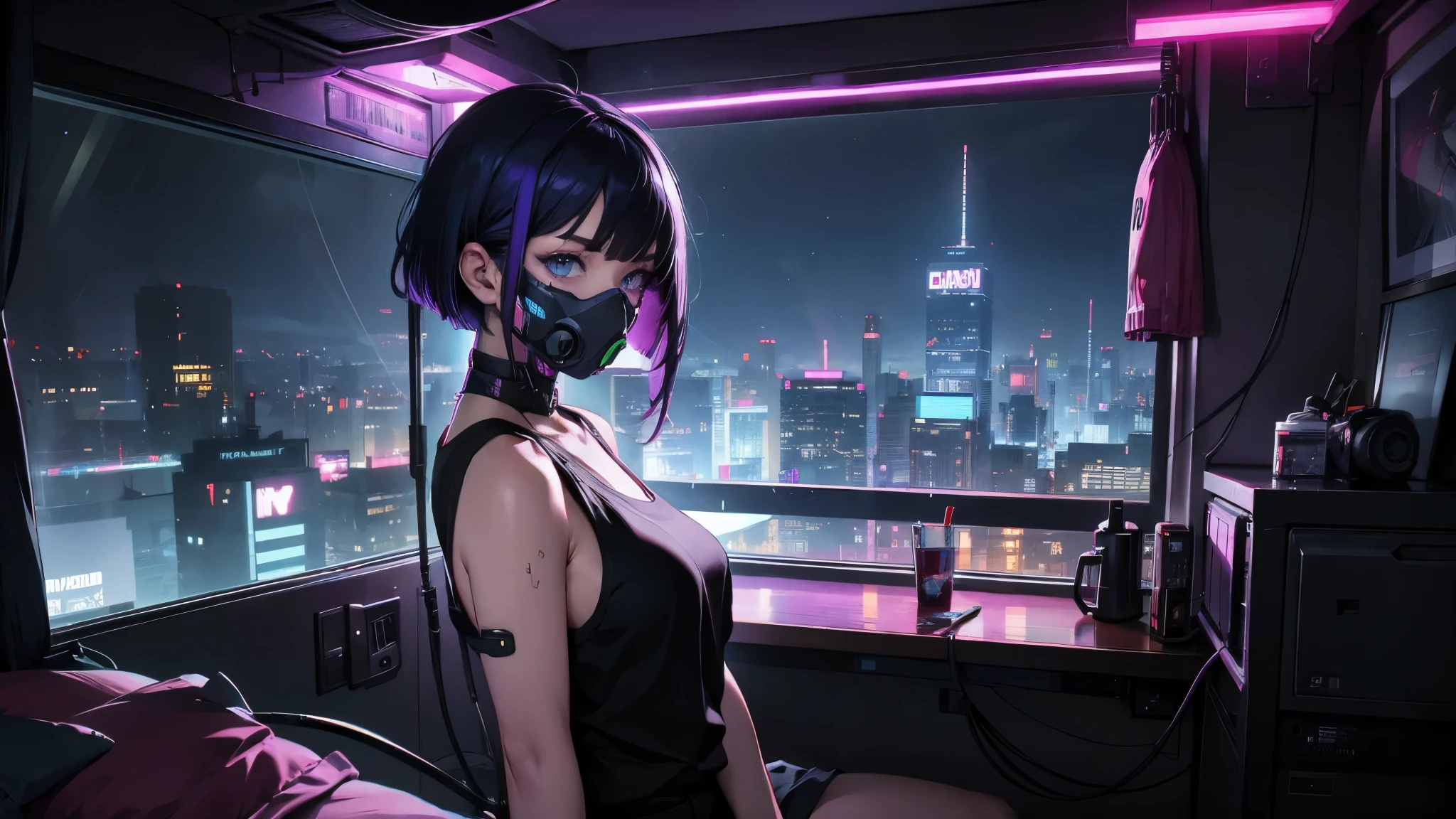 One person, alone, mask, Landscape,View your viewers,Looking out the window,cyber punkシティの夜,Relax in a modest bed,Edge of the screen,Short Hair,, whole body, Black Hair, mouth mask, Holding, blue eyes, Tank top, A large room for a single person with a large window on the front wall, , Halftone, cable,Neon Light,(cyber punk:1.2),