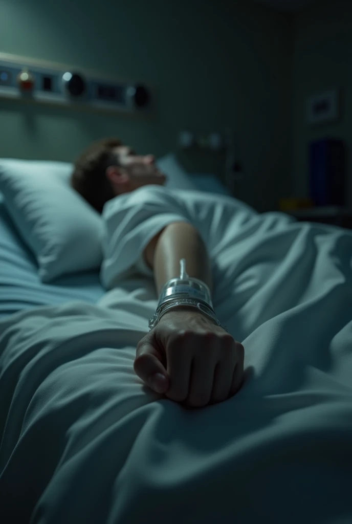 You can create an image of an arm resting on a hospital bed receiving IV fluids, and that the perspective is on the shoulder, a shoulder down view, that is, the hand and it looks subtly blurred at the end where the fingers are  (clearly so that the shoulder is not visible) and on the wrist there are marks of scars like passed lines... with 100% realism% that the image is very dark and the bed and arm are leaning against the wall , that the person is not seen, Only the arm and hand are almost hanging from the bed