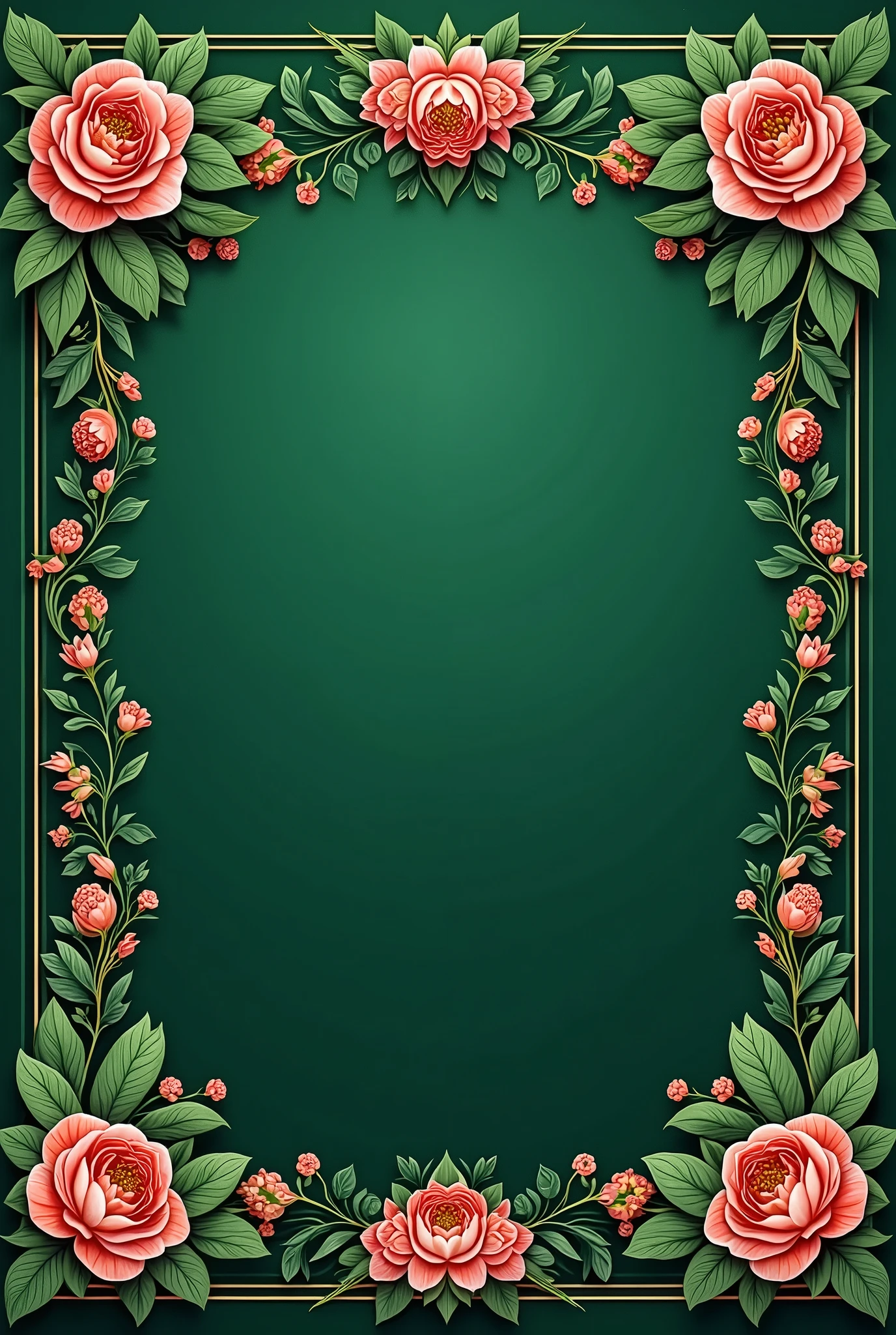 "Design a Nikah Nama (Islamic marriage certificate) template featuring deep green floral patterns arranged in a box shape along all four sides. The floral designs should be intricate and inspired by traditional Islamic and Mughal art, with the deep green color symbolizing growth and harmony. The box-shaped border should be symmetrical, framing the empty center where the text will be placed. Ensure that the floral designs are detailed yet elegant, creating a balanced and harmonious frame that enhances the overall aesthetic of the certificate while leaving the center clean and open for text."