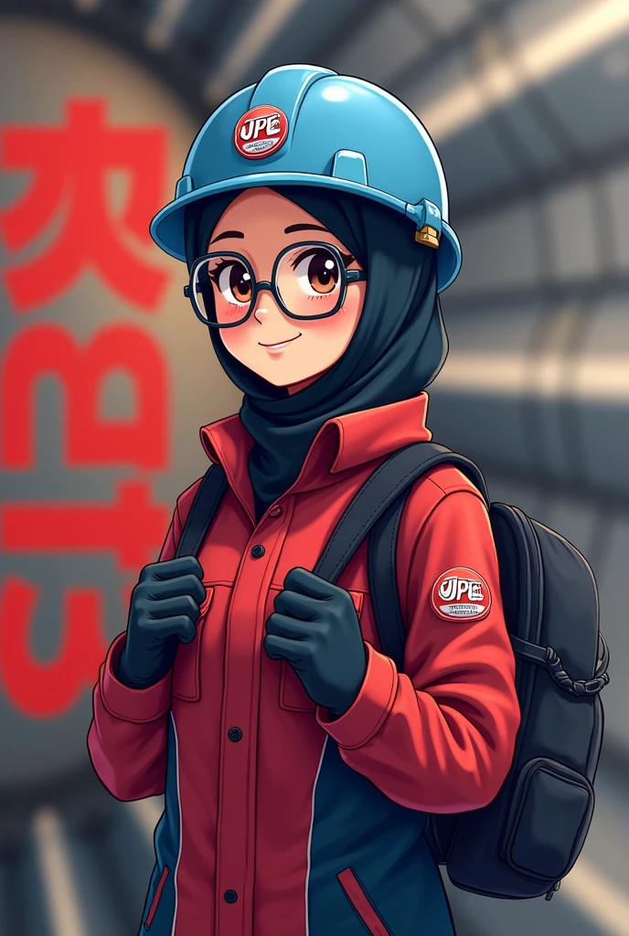 kawaii fat girl with glasses, black hijab, wearing dark red and dark blue oil and gas coveralls, black backpack, blue helmet with JPE logo, font in red, gas turbine background.