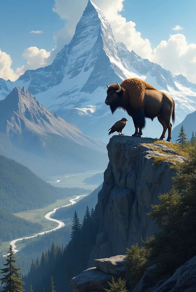 Buffalo and eagle are standing at the top of mountain