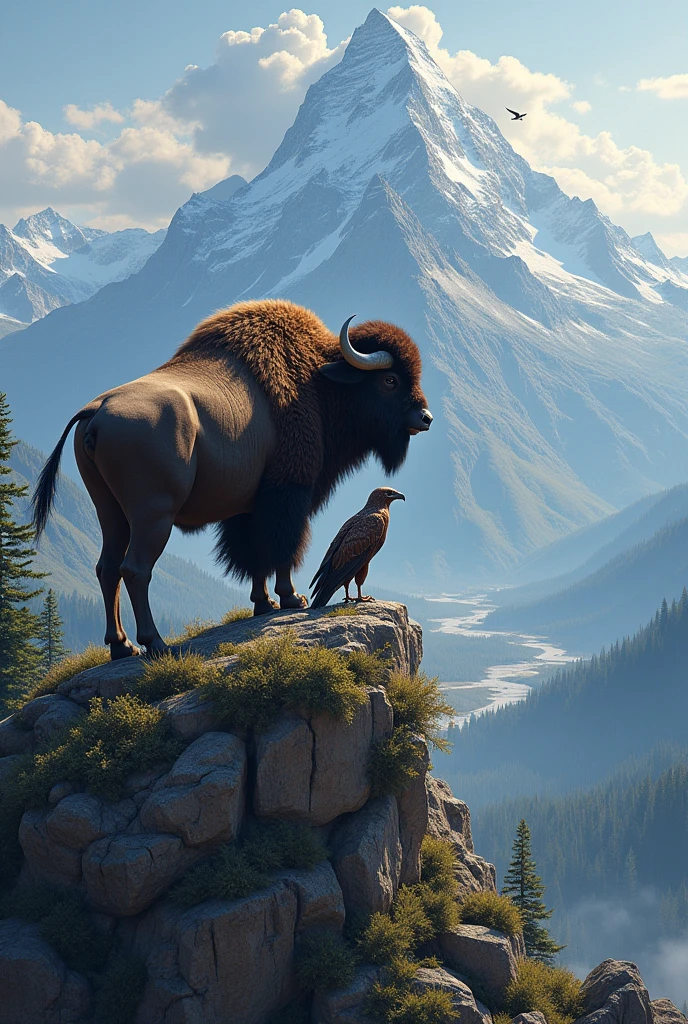 Buffalo and eagle are standing at the top of mountain