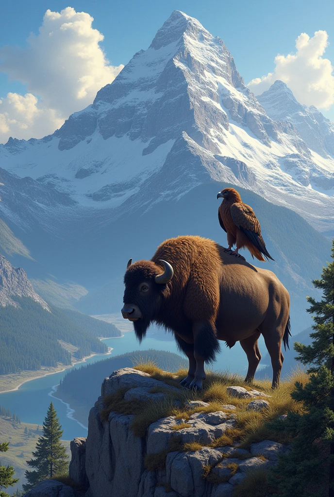 Buffalo and eagle are standing at the top of mountain