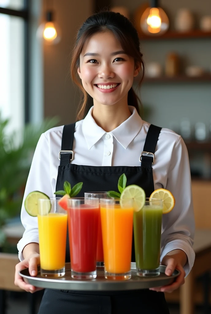 Create an image of a waitress from head to toe holding a tray with glasses of natural juices. Search for a full body image 
