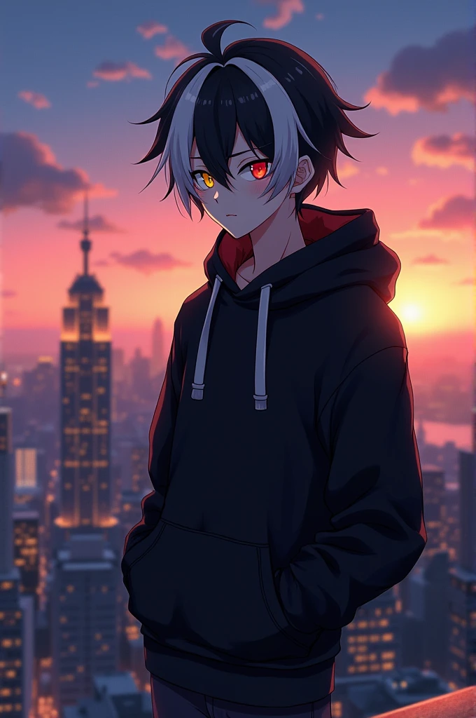 A aesthetic Cool anime adult boy with half black and white hair his left  eye is yellow color and right eye is red color Wearing black hoddie and standing on top of high building rooftop evening time