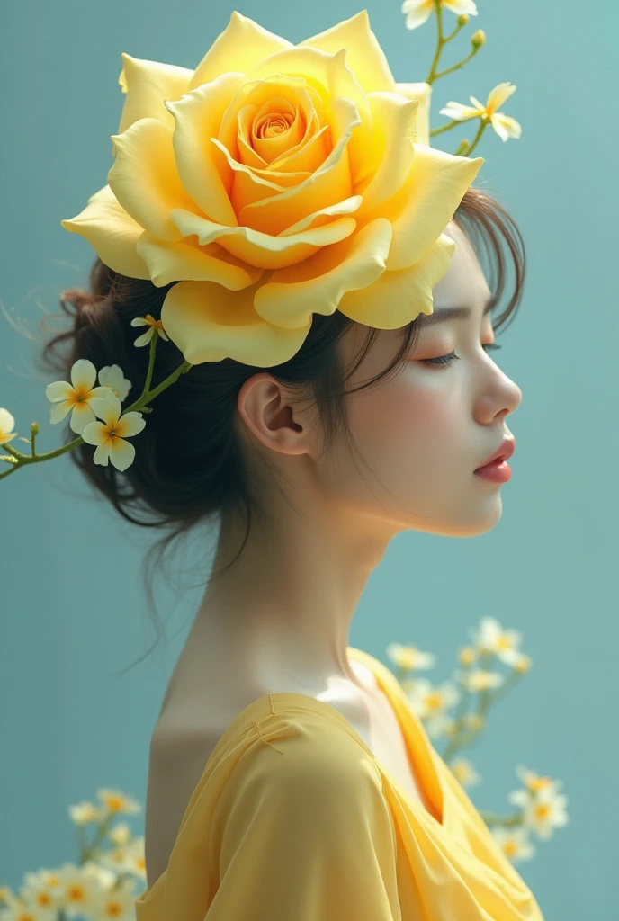 An elegant ryellowrose intertwined with an korean woman, creating a stunning and symbolic fusion of beauty and strength, close-up shot, vibrant colors, soft focus blue background, artistic and surreal composition. --ar 3:4 --v 6.1