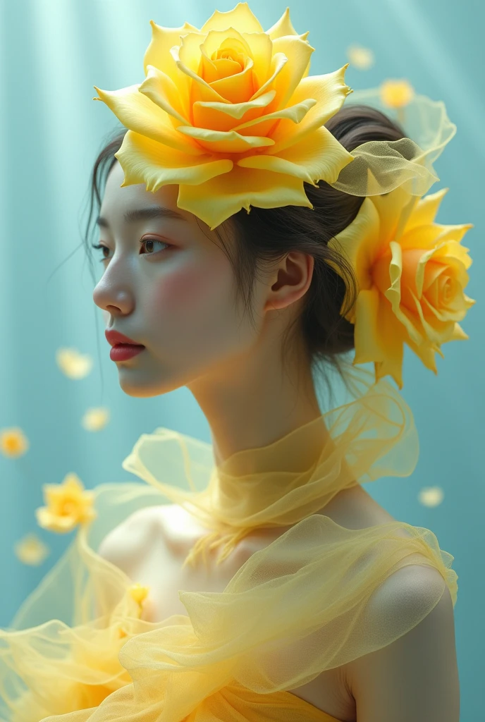 An elegant ryellowrose intertwined with an korean woman, creating a stunning and symbolic fusion of beauty and strength, close-up shot, vibrant colors, soft focus blue background, artistic and surreal composition. --ar 3:4 --v 6.1
