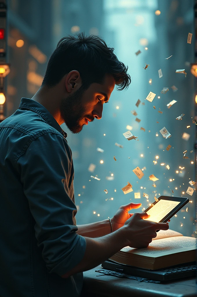 Simply a complex image with great meaning, letters falling on a computer keyboard digital on top of a book , A man is holding a tab