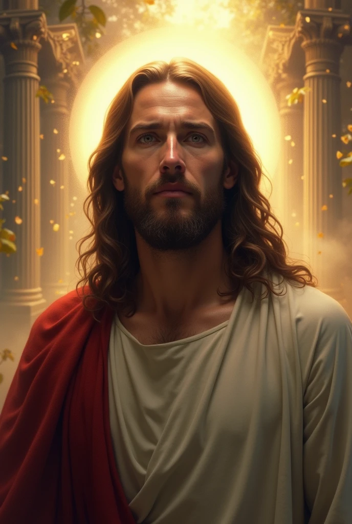 Imagine a cinematic scene in the Marvel style, featuring Jesus Christ in a realistic manner. The image should be from the waist up, highlighting an imposing and majestic appearance. Jesus has a serene and powerful expression, wearing a robe with modern details and a soft aura of light around his head, like a subtle halo. His hair and beard are well-groomed with a touch of realism. The background is dramatic, with a starry sky and light effects that emphasize his presence. The color palette is rich and vibrant, with tones of gold and deep blue, reflecting an epic cinematic style