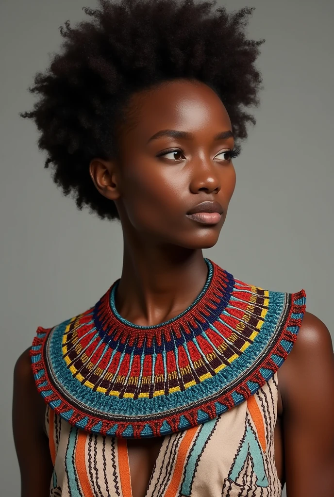 Adapt the Maasai collar into a contemporary accessory, such as a statement necklace that can be worn with modern clothing, or incorporate the collar into a dress or top design, using it as a yoke or neckline embellishment.