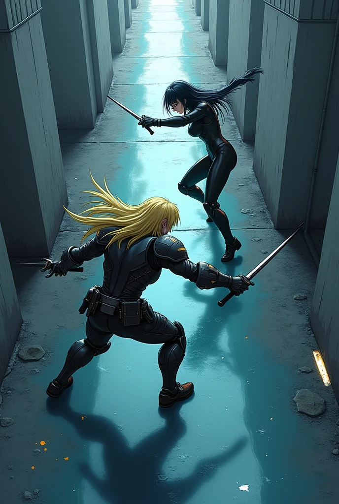 The image is anime style with shadows and dim lights, anime style although somewhat adult and dark, It shows a scene of a wide street with white walls., and whose soil, It&#39;s like crystal clear water, which perfectly reflects what happens on its surface. On that street a man with medium-length blond hair is fighting, wearing armor on his arms and holding a gun., against an android with long black hair and a latex suit holding two swords in her hands, one in each hand. The image is focused from above, so you can barely see the fighters in question.
