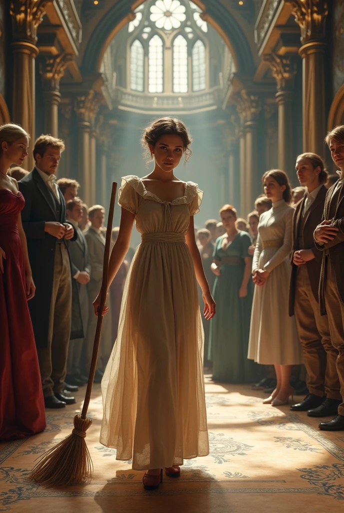 Cinderella sweeping the floor at the castle with a crowd watching her