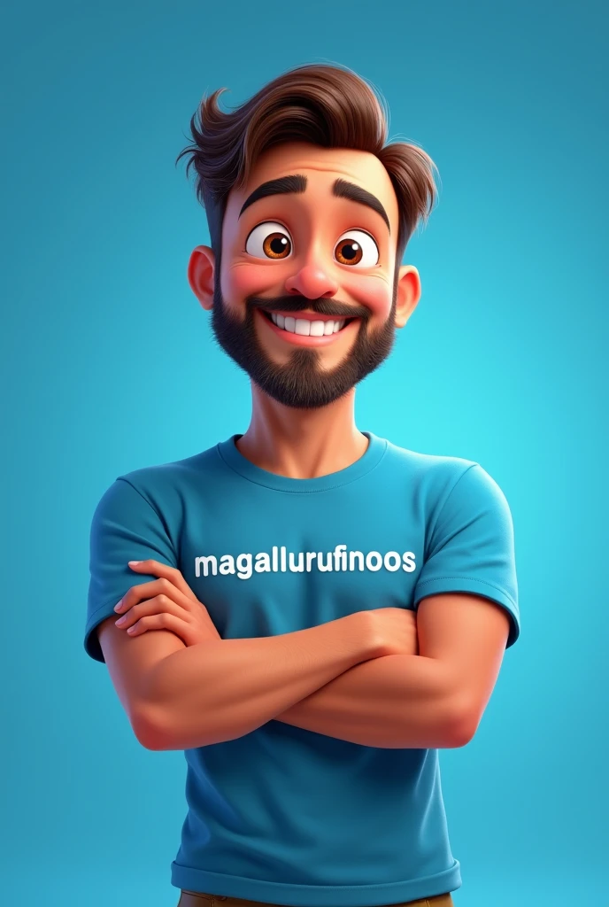 Pixar drawing of a handsome 2 man with brown eyes, beard, medium straight wavy hair, wearing a blue shirt with "Magalurufinoos" written on it, happy, with his arms crossed, facing the camera. with blue studio background