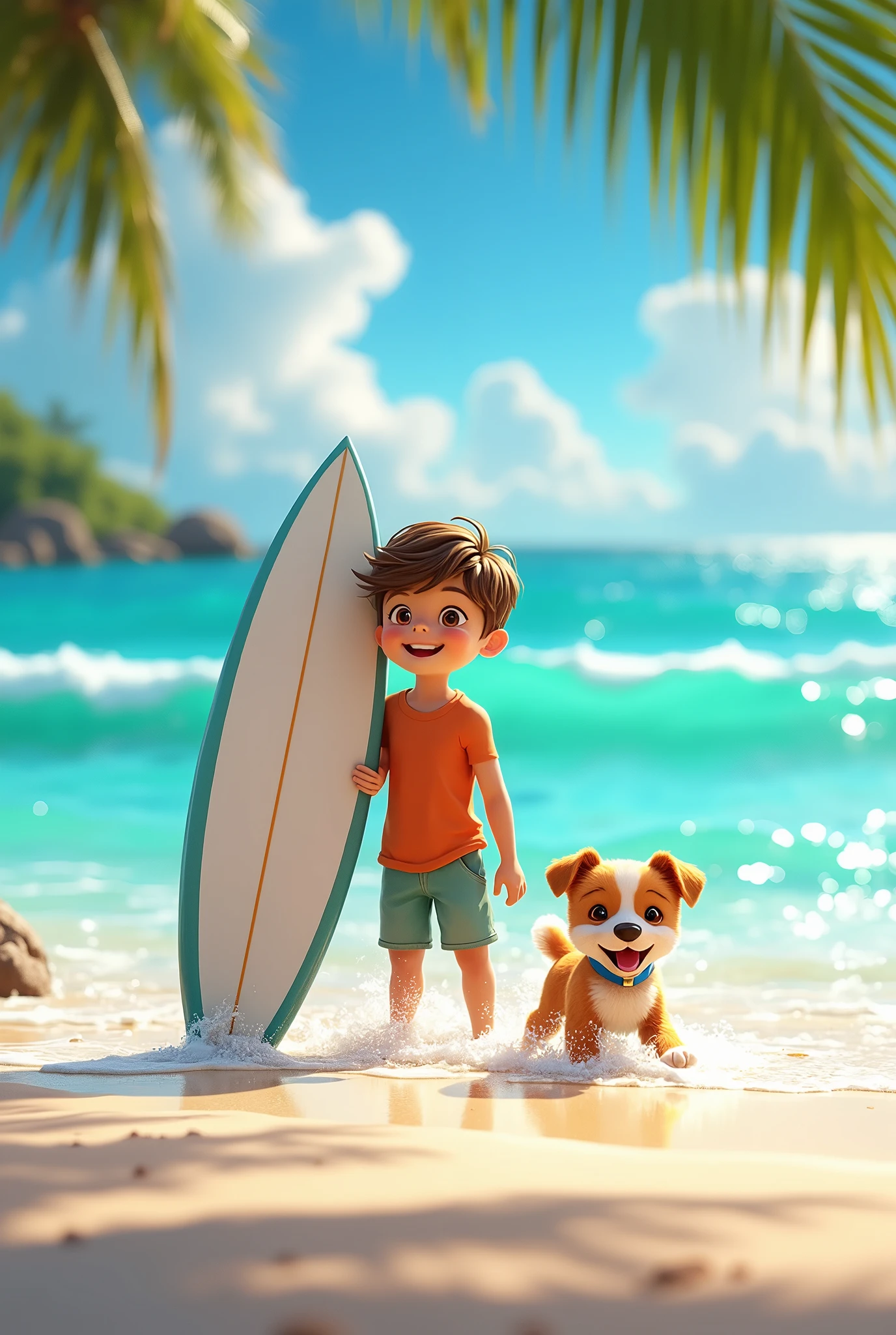 A boy with a puppy on a gorgeous Caribbean beach. The boy holding a surfboard, the puppy playing with the waves coming towards them.