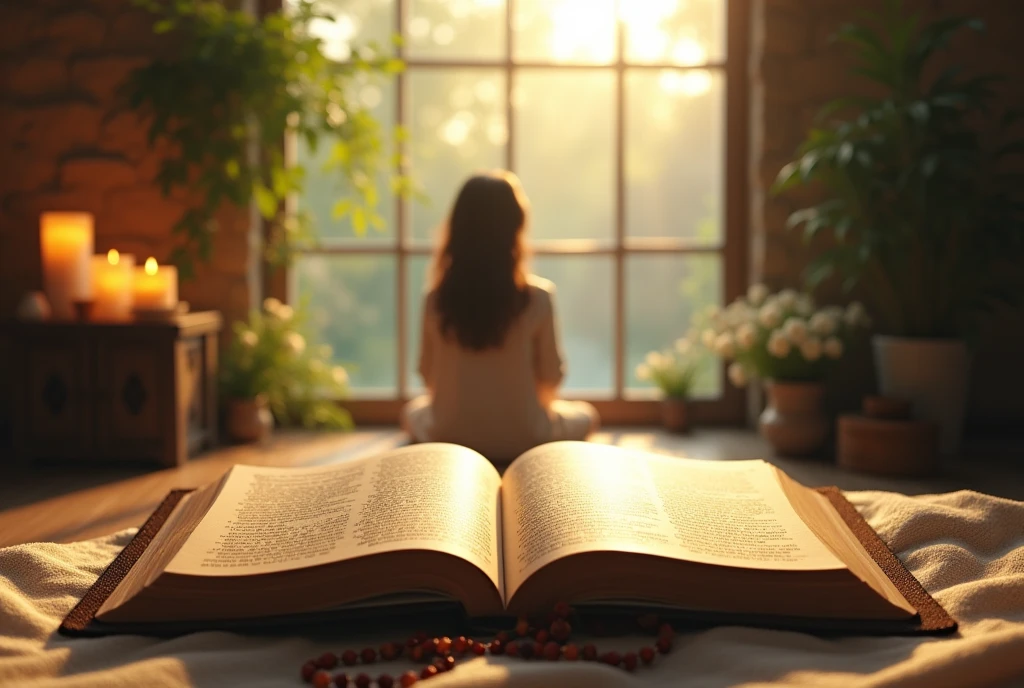 Create a realistic and inspiring scene that highlights a Bible as a background in an ideal environment for prayer. Imagine a quiet and cozy space at dawn, with soft natural light entering through a large window. Place the Bible on a simple pedestal or altar in the center of the scene, with visible open pages revealing passages of text that suggest a message of hope and faith.

Around the Bible, create a prayer environment with a modestly decorated table or altar, including lighted candles, a rosary, and fresh flowers such as lilies or lavender that add a touch of beauty and serenity. In the foreground, place a person in a prayer position - kneeling or sitting in a comfortable seat - with an expression of peace and contemplation, reflecting a deep spiritual connection.

The background can include a natural environment, such as a serene garden with trees and flowers, or a room interior with stone or wood walls, creating a harmonious contrast with the soft morning light. Use a palette of soft, warm colors - shades of gold, green and light blue - to evoke a sense of calm and inspiration. Make sure the Bible is highlighted, symbolizing the importance of prayer and spiritual reflection."