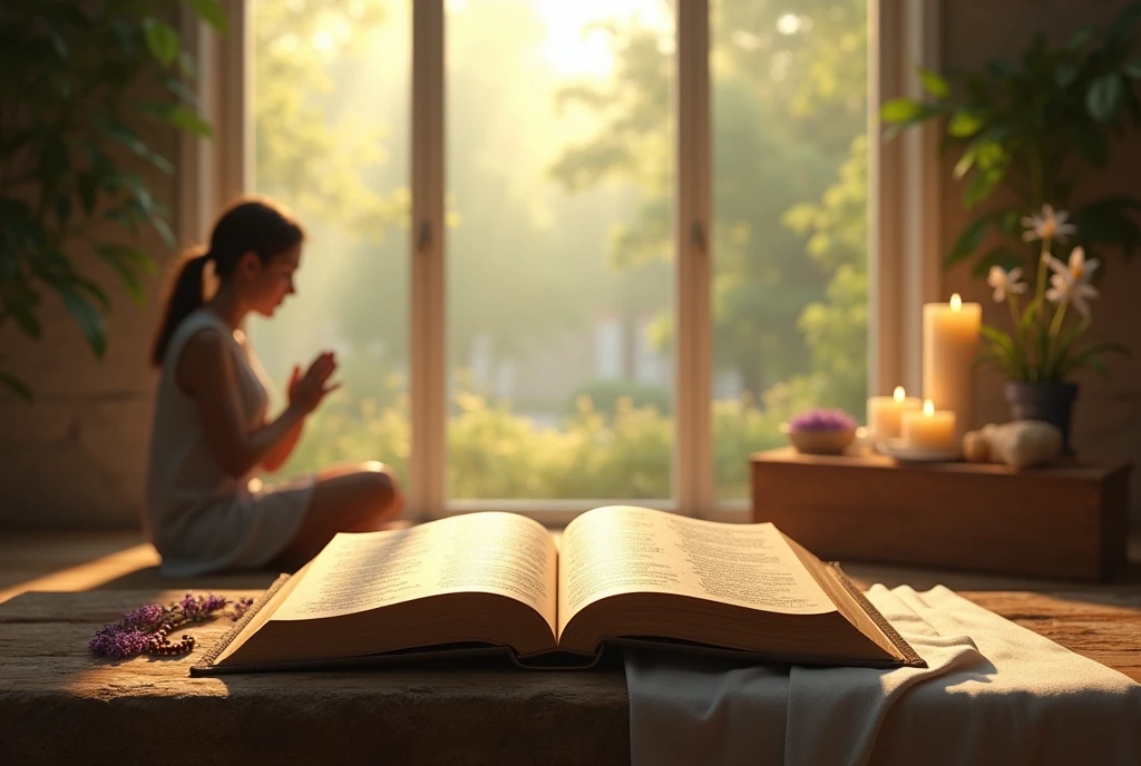 Create a realistic and inspiring scene that highlights a Bible as a background in an ideal environment for prayer. Imagine a quiet and cozy space at dawn, with soft natural light entering through a large window. Place the Bible on a simple pedestal or altar in the center of the scene, with visible open pages revealing passages of text that suggest a message of hope and faith.
Around the Bible, create a prayer environment with a modestly decorated table or altar, including lighted candles, a rosary, and fresh flowers such as lilies or lavender that add a touch of beauty and serenity. In the foreground, place a person in a prayer position - kneeling or sitting in a comfortable seat - with an expression of peace and contemplation, reflecting a deep spiritual connection.
The background can include a natural environment, such as a serene garden with trees and flowers, or a room interior with stone or wood walls, creating a harmonious contrast with the soft morning light. Use a palette of soft, warm colors - shades of gold, green and light blue - to evoke a sense of calm and inspiration. Make sure the Bible is highlighted, symbolizing the importance of prayer and spiritual reflection."