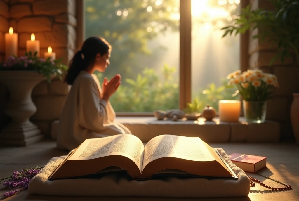 Create a realistic and inspiring scene that highlights a Bible as a background in an ideal environment for prayer. Imagine a quiet and cozy space at dawn, with soft natural light entering through a large window. Place the Bible on a simple pedestal or altar in the center of the scene, with visible open pages revealing passages of text that suggest a message of hope and faith.

Around the Bible, create a prayer environment with a modestly decorated table or altar, including lighted candles, a rosary, and fresh flowers such as lilies or lavender that add a touch of beauty and serenity. In the foreground, place a person in a prayer position - kneeling or sitting in a comfortable seat - with an expression of peace and contemplation, reflecting a deep spiritual connection.

The background can include a natural environment, such as a serene garden with trees and flowers, or a room interior with stone or wood walls, creating a harmonious contrast with the soft morning light. Use a palette of soft, warm colors - shades of gold, green and light blue - to evoke a sense of calm and inspiration. Make sure the Bible is highlighted, symbolizing the importance of prayer and spiritual reflection."