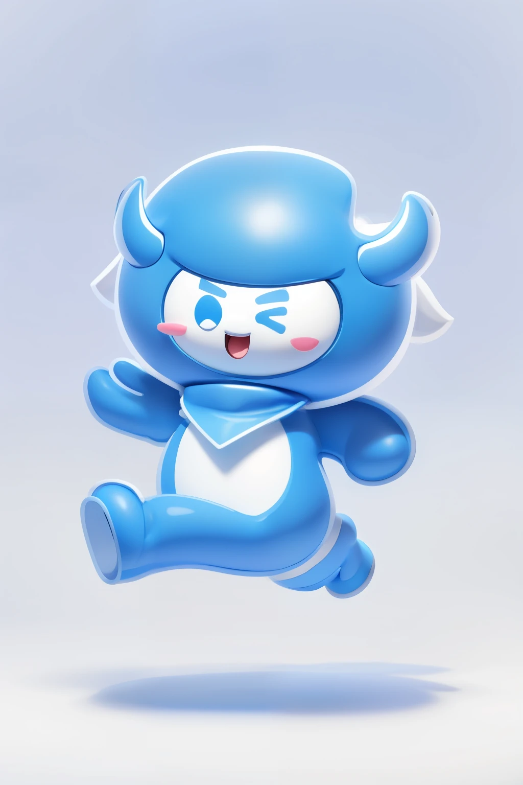 A cute blue cartoon mascot with blue and white color scheme, white face, two horns on its head, wearing a triangular scarf, smiling with its mouth open, jumping in the air, simple background, white background, simple lines and Shaped character design surreal, full body, blushing, beady eyes, 3D effect, clear outline light, rim light, spotlight, 8k