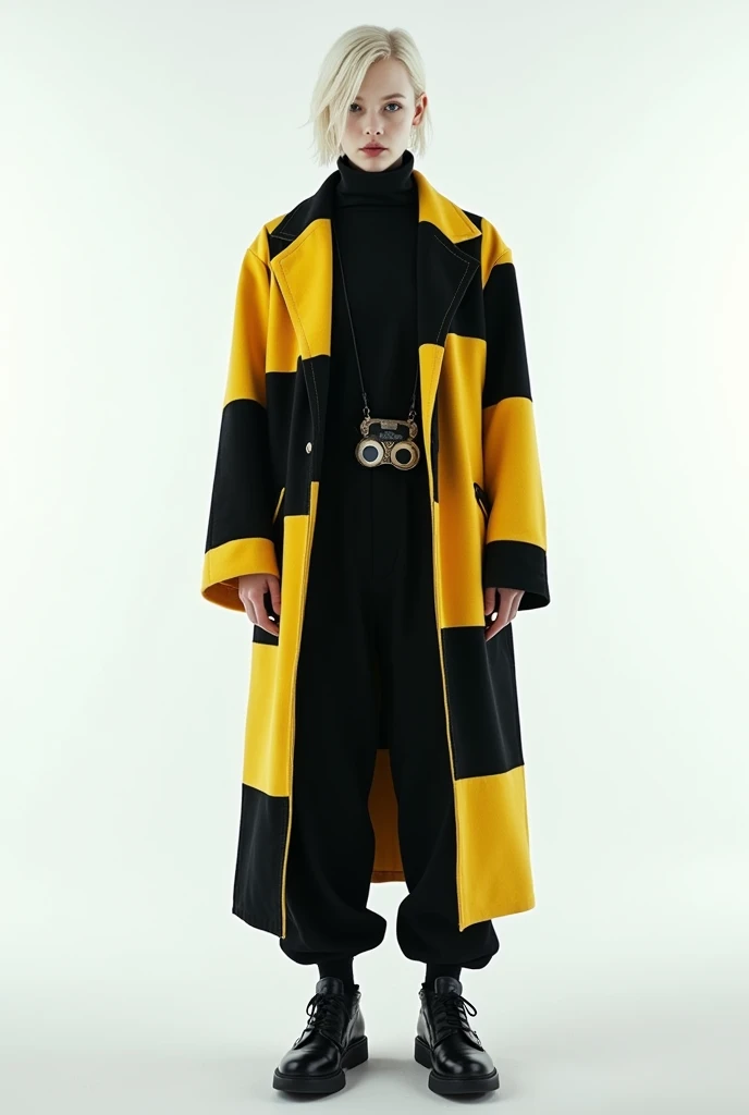 book cover style. a very white boy in a long black turtleneck jumpsuit, Yellow and black checkered coat, Black shoe and hanging welding goggles, Almost white blonde hair, medium wolf cut haircut and black eyes
