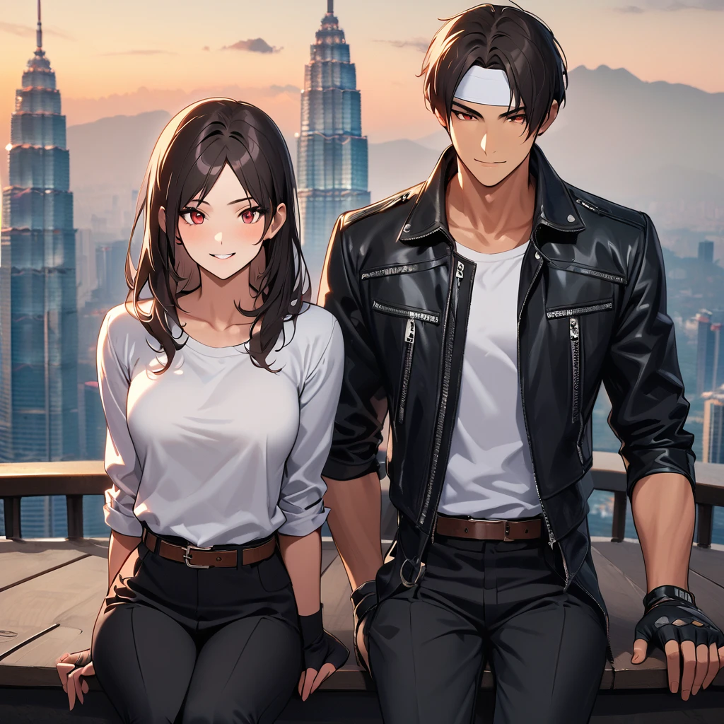 Orochiquillo, dark skin, couple, two people, man and woman, red eyes, ((black leather jacket with rolled up arms)), fingerless gloves, black hair, white t-shirt, ((white headband)), black pants, white shoes, brown belt, handsome, shot, charming, masterpiece, high resolution, detailed face, fine grain, evening, cloudy sky Confident smile, With lover, Petronas Twin Towers, Malaysia, Dining on terrace, Same hair and clothes and hairstyle for both men and women, Smoking, Toothy smile, Sitting cross-legged