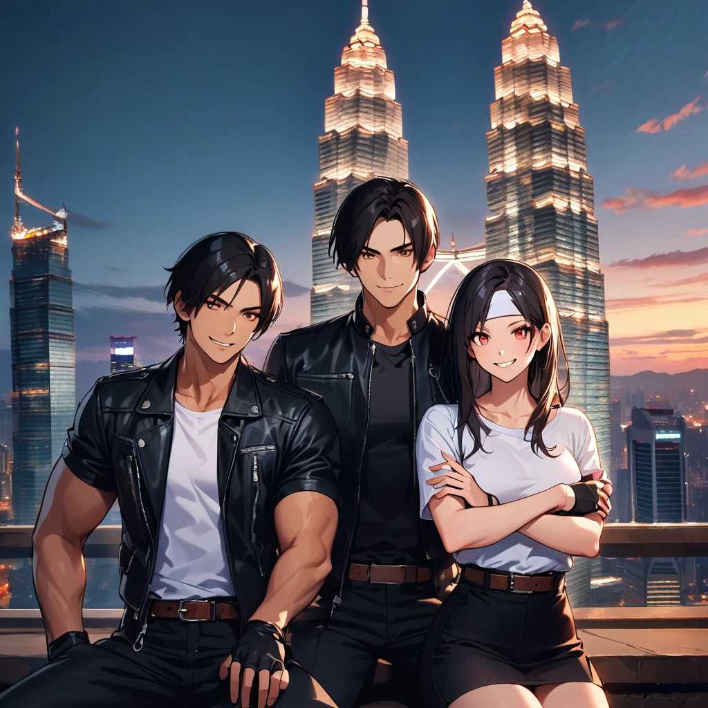 Orochiquillo, dark skin, couple, two people, man and woman, red eyes, ((black leather jacket with rolled up arms)), fingerless gloves, black hair, white t-shirt, ((white headband)), black pants, white shoes, brown belt, handsome, shot, charming, masterpiece, high resolution, detailed face, fine grain, evening, cloudy sky Confident smile, With lover, Petronas Twin Towers, Malaysia, Dining on terrace, Same hair and clothes and hairstyle for both men and women, Smoking, Toothy smile, Sitting cross-legged