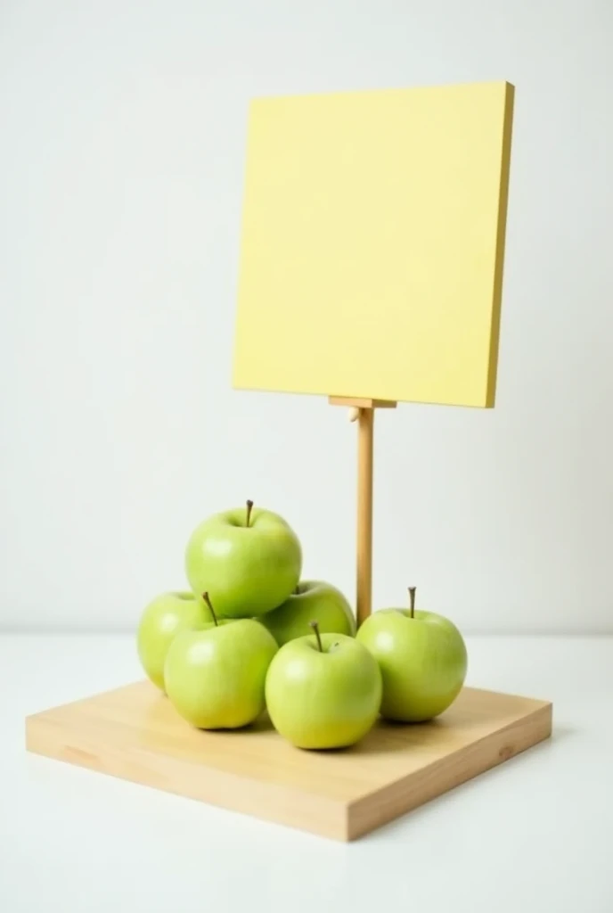 A thin stake holding up a square wooden board in a pale yellow color, viewed from the front and slightly from the side, in the middle of some green apples. In the background of the image, a plain white background providing emphasis.






