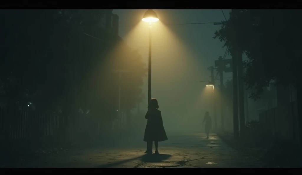 Suddenly, Savita notices the same child standing behind the lamppost again, his face partially hidden in shadow.