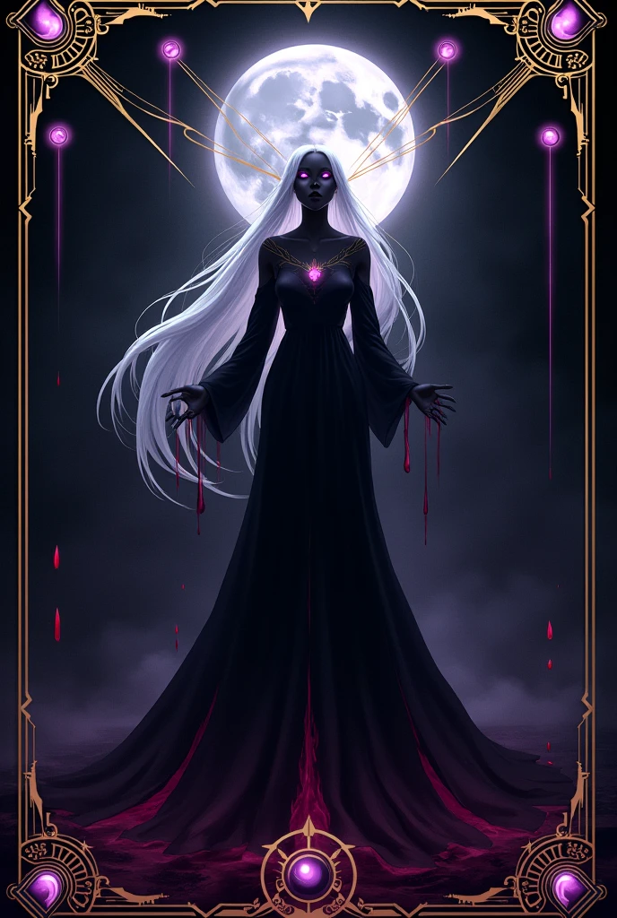Description of the Flag of the Vampire Empire:fund: The flag has a deep black background, symbolizing the eternal night and the mystery of the vampire world.Central Figure (Lilith): In the center of the flag, there is the stylized silhouette of Lilith, the vampire goddess. Lilith is depicted with long, snow-white hair., that float around your figure, giving a sense of movement. His eyes are luminescent purple, with a slight glow around, highlighting his divine nature and his incomparable power.fullmoon: A full moon, partially hidden behind Lilith, emits a silvery light that illuminates your silhouette. The moon is a symbol of the power of the night and the influence of vampires..Eyes of the Primordials: Six deep purple eyes, arranged in a circle or hexagon around Lilith, represent the six primordial vampires created by her. Those eyes have an intense glow, symbolizing these vampires' direct connection to Lilith and their superior status.Symbols of the Vampire Classes: From each primordial eye, gold lines connecting to smaller emblems or symbols around the edges of the flag. These emblems represent the vampire classes: Godlike (gold eyes), sublime (sky blue eyes), holy (silver eyes), spotless (Intense red eyes), common (dark red eyes) and Impure (faded red eyes). These symbols reinforce the hierarchy within the empire., showing how all classes are derived from the Primordials and, Ultimately,, de Lilith.blood drops: Small drops of deep red blood fall from the tip of the moon or from Lilith's hands, symbolizing blood as the source of vampires' power and sustenance.edges: The edges of the flag are adorned with intricate gold lines., that add a touch of luxury and wealth, symbolizing the royalty and power of the empire.