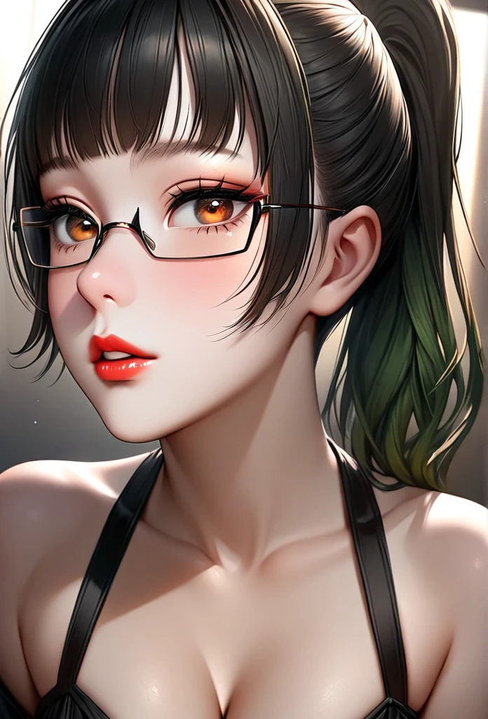 1girl, elegant erotic beautiful girl, big breasts, ((long green hair with pony tail and straight bangs)), glasses, maxi dress, adultery, indecent, vulgar, (best quality,4k,8k,highres,masterpiece:1.2),ultra-detailed,(realistic,photorealistic,photo-realistic:1.37),intricate details, delicate facial features, beautiful amber eyes, ulzzang, long eyelashes, small nose, full lips, porcelain skin, natural lighting, warm color palette, chiaroscuro lighting, dramatic shadows, sensual, alluring, mature themes, artistic, dreamlike, ethereal, sideboob, cleavage, looking at viewer, ulzzang, (amber eyes), (close up face portrait),
