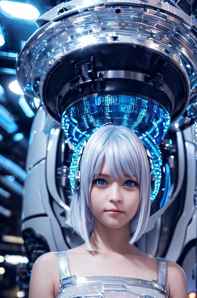 A girl with silver hair and silver eyes、Wide-angle shot, 1 female, Mecha, Glowing blue-black eyes, Very cute face, (Realistic:1.37), バイオMechaニカル, Spaceship interior bokeh background, Ultra-realistic, Very detailed, Very intricate details, Beautiful woman in focus、