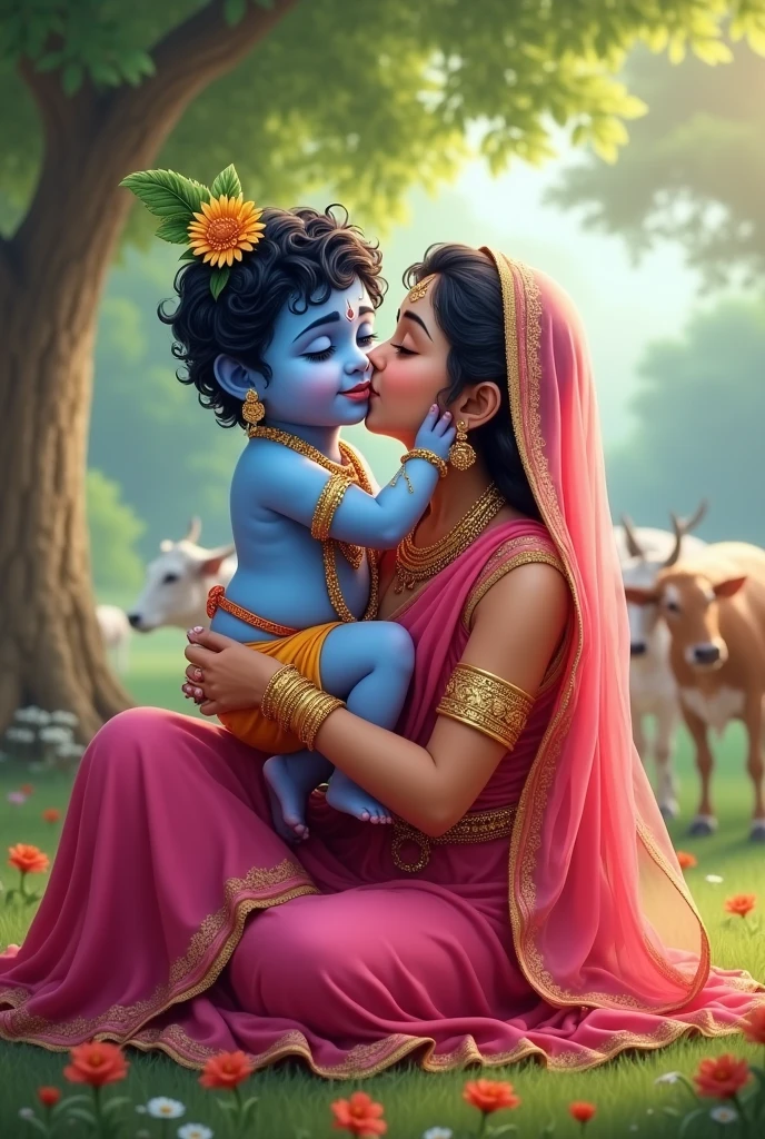 Generate image of cute little krishna facing our side with big fluffy cheeks and big eyes in blue color and body also sky blue color with his mother in white color body wearing pink saree and lot of jewellery who is standing and holding him in her lap kissing his cheeks with background of trees and cows along with caption happy krishnashtami.