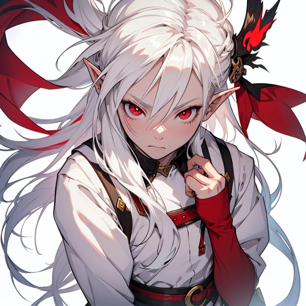 like a man, Elf Man, albino, long hair, White background, anime style, Chibi style, Red eyes, White skin, There is one character in the picture