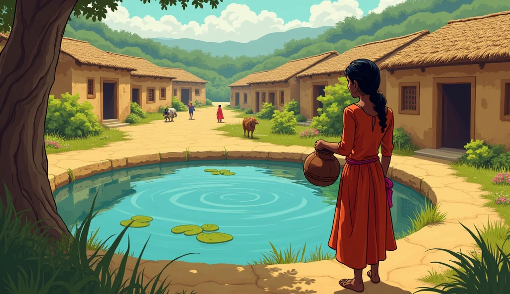 In cinematic 2d cartoon style log shot indian village The farmer’s wife, in despair, decides to end the trouble by taking the magical pot to the village pond.