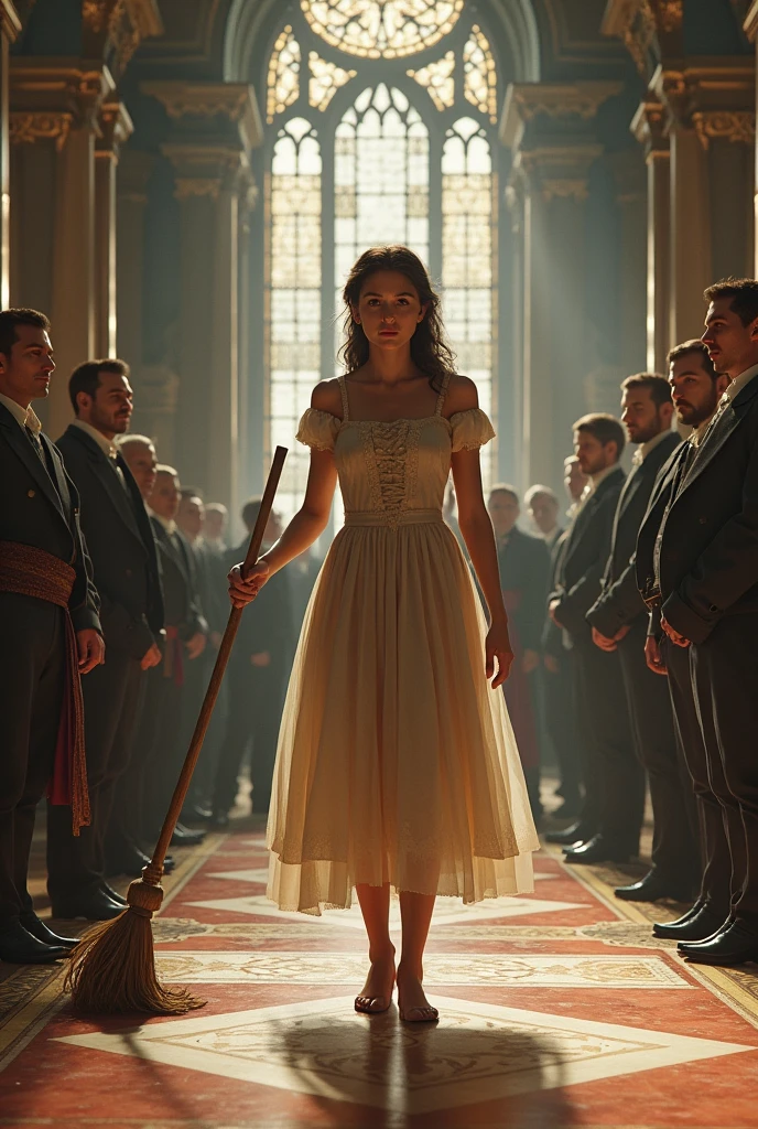 Cinderella sweeping the floor at the castle with a crowd watching her