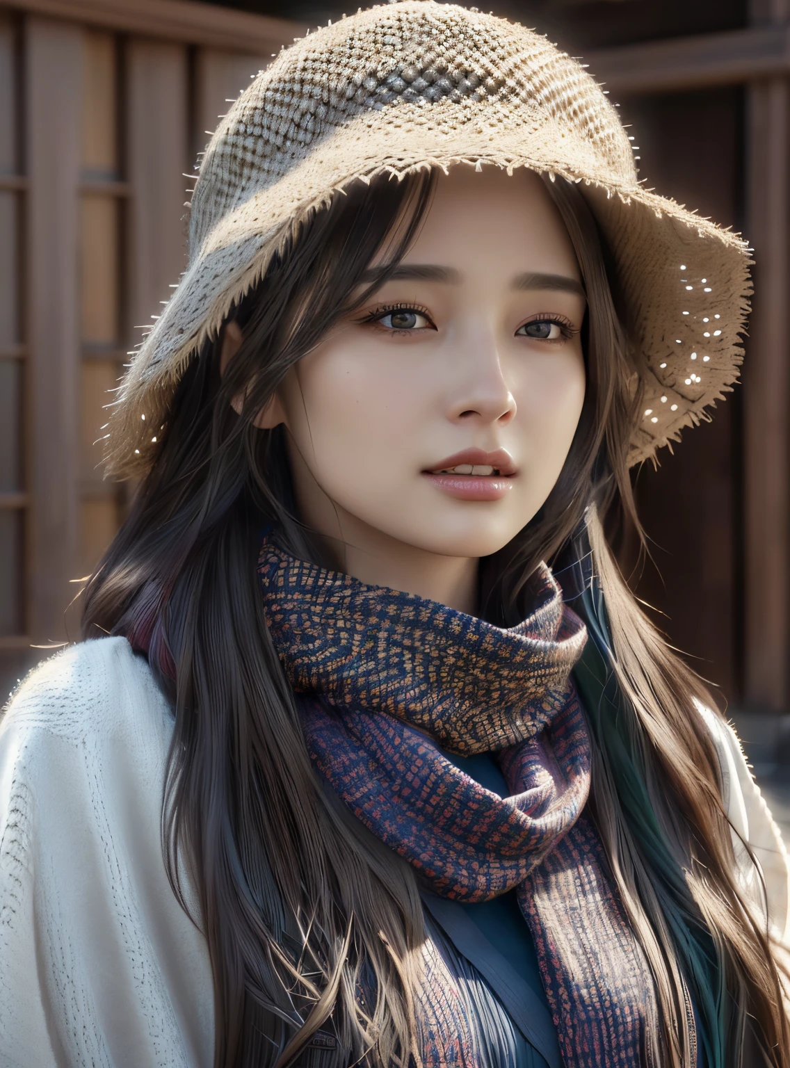 Long-haired Arafad woman wearing a hat and scarf, Realistic Digital Art 4K, Realistic Digital Art 4K, 8K Soft Portrait Shots, photoRealistic art style, photoRealistic beautiful face, Cinematic, realistic portraits, Beautiful digital artwork, Realistic beautiful face, Realistic art style, 3d rendering character art 8k, Beautiful realistic face, Amazingly realistic graphics